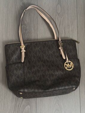 Michael Kors Brown MK Logo Tote with Beige Handles